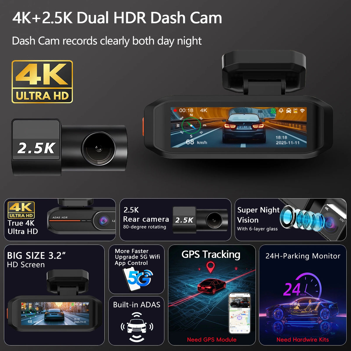 4K Dash Cam Front & Rear with WiFi and GPS