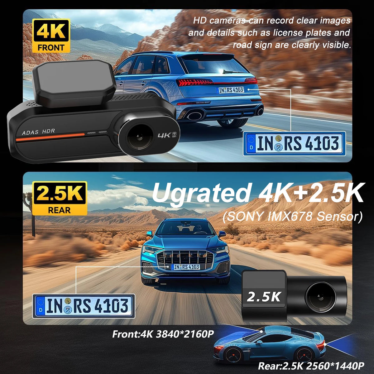 4K Dash Cam Front & Rear with WiFi and GPS, view 3