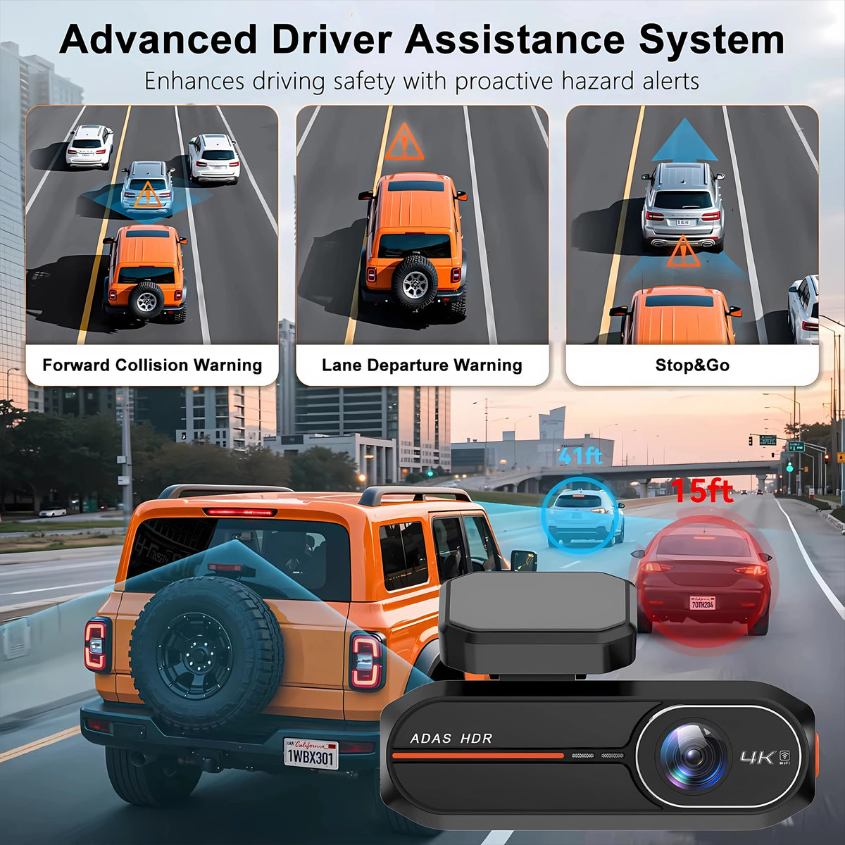4K Dash Cam Front & Rear with WiFi and GPS, view 2